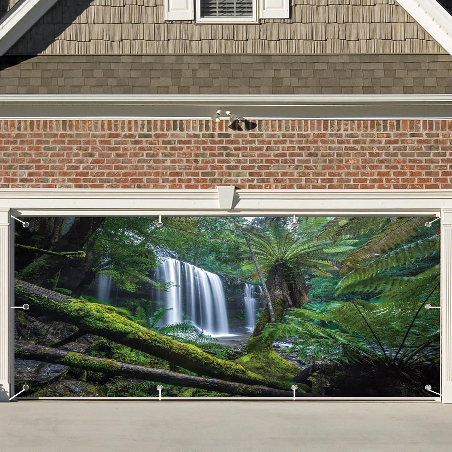 CSFOTO 7x16ft Forest Falls Garage Door Decoration Banner Tropical Forest Woodland Green Plants Trees Decoration Mural Large Garage Door Cover Natural Landscape Interior Decoration Wallpaper
