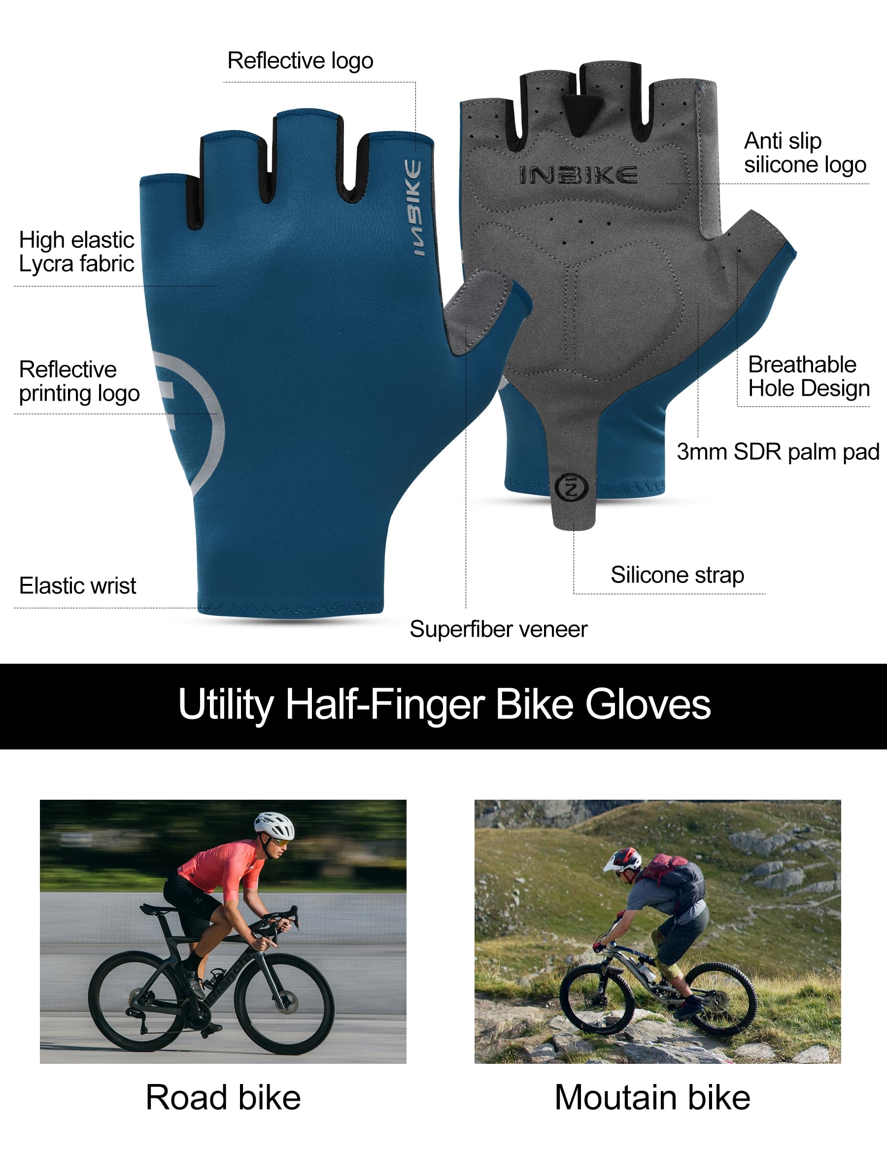 INBIKE Gants de Cyclisme d'été Courts Unisexe VTT Homme Femme Tissu Frais Léger Respirant Séchage Rapide Antidérapants Sport