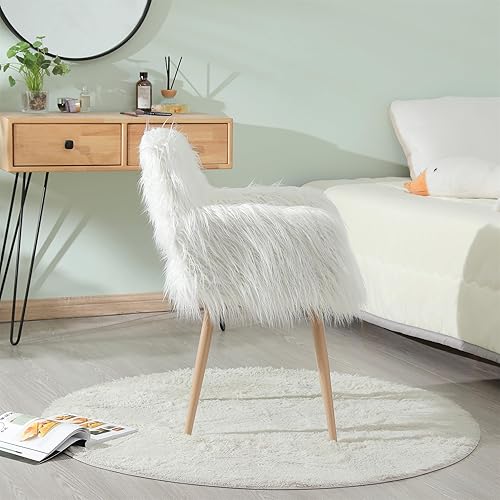 Miniatura 4 de SSLine Silla de tocador de piel sintética, elegante silla de escritorio de maquillaje de pelo blanco para niñas y mujeres, moderna y cómoda silla