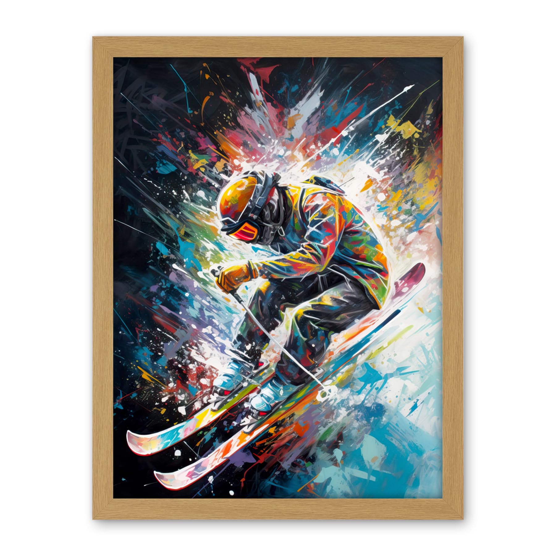 Artery8 Skier Skiing Vibrant Splatter Art Motion Painting Artwork Framed Wall Art Print 18X24 Inch