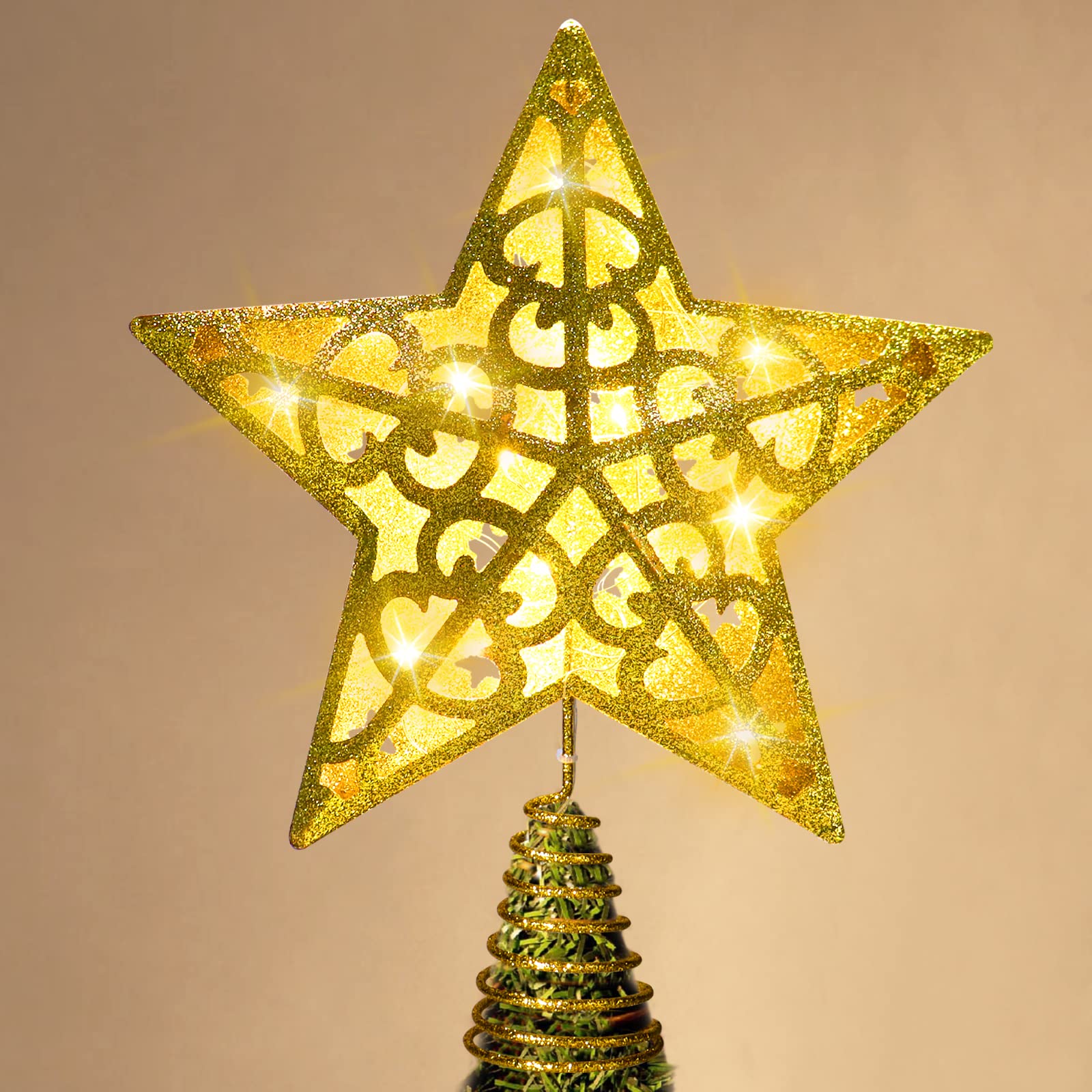 Photo 1 of Christmas Star Tree Topper, Christmas Glitter Tree Topper Christmas Decorations with 20 LED Lights, Xmas Decor for Indoor & Outdoor Christmas Tree, Gold Gold Star