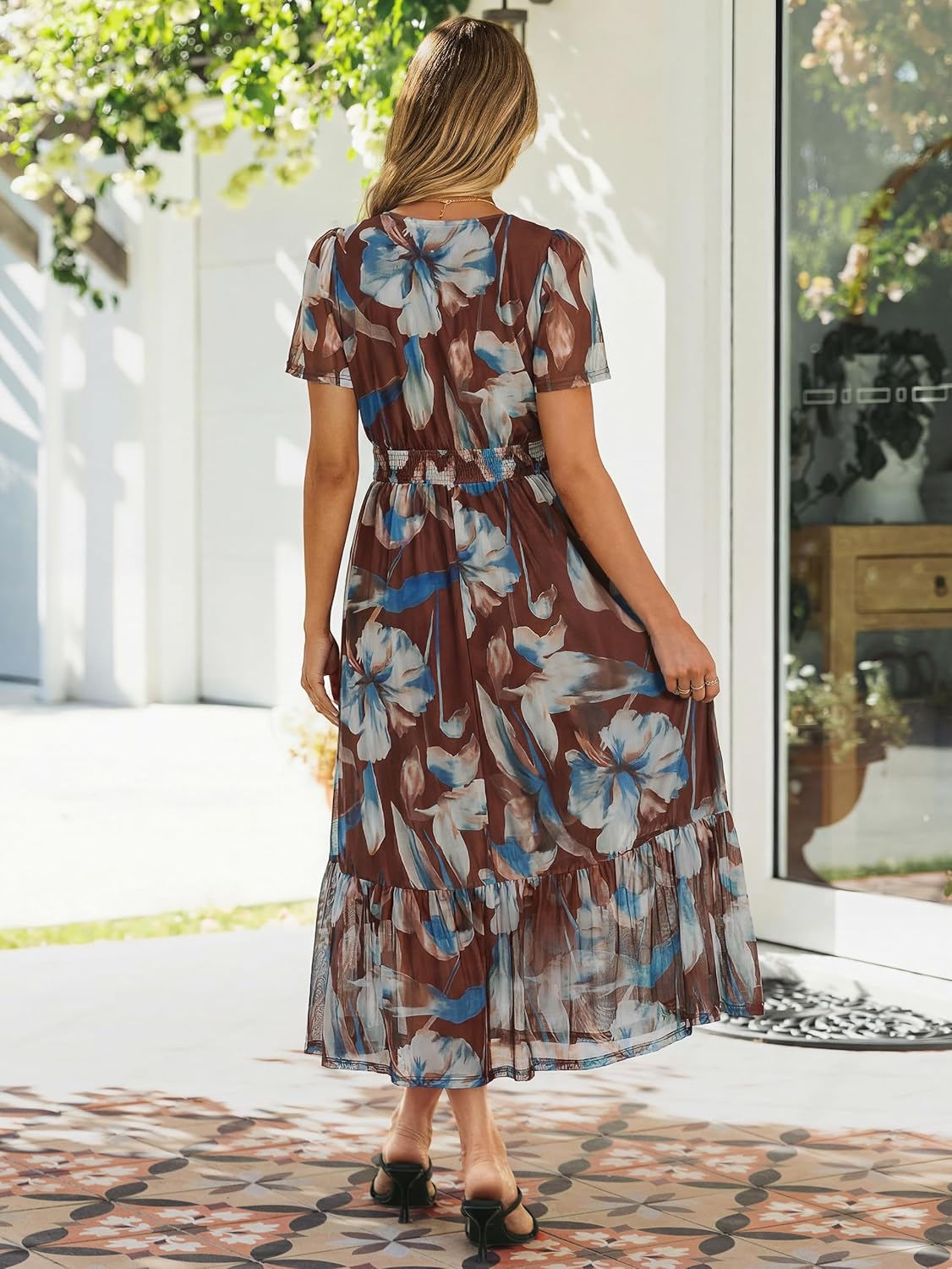 Simplee Womens Floral Boho Maxi Dress Summer Wedding Guest Long Dress Short Sleeve V Neck Modest Flowy Dresses 2026 - Image 5