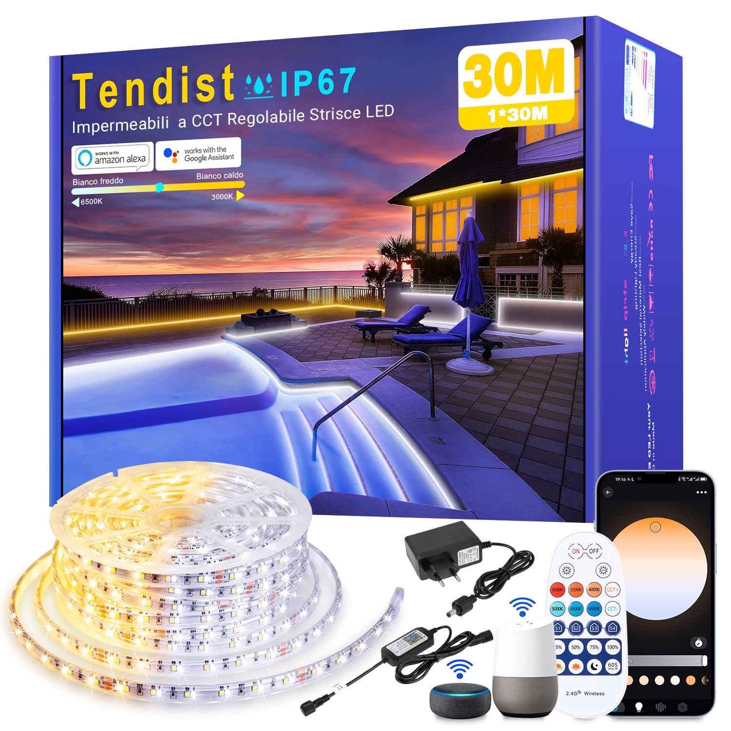 Striscia Led 30M Esterno IP67 Impermeabile Da Bianco Caldo a Bianco Freddo, Striscia Led Alexa Dimmerabile 24v Bianca senza fili, Striscia Led Alta Luminosità Adesive Per Luci Esterne, Cucina