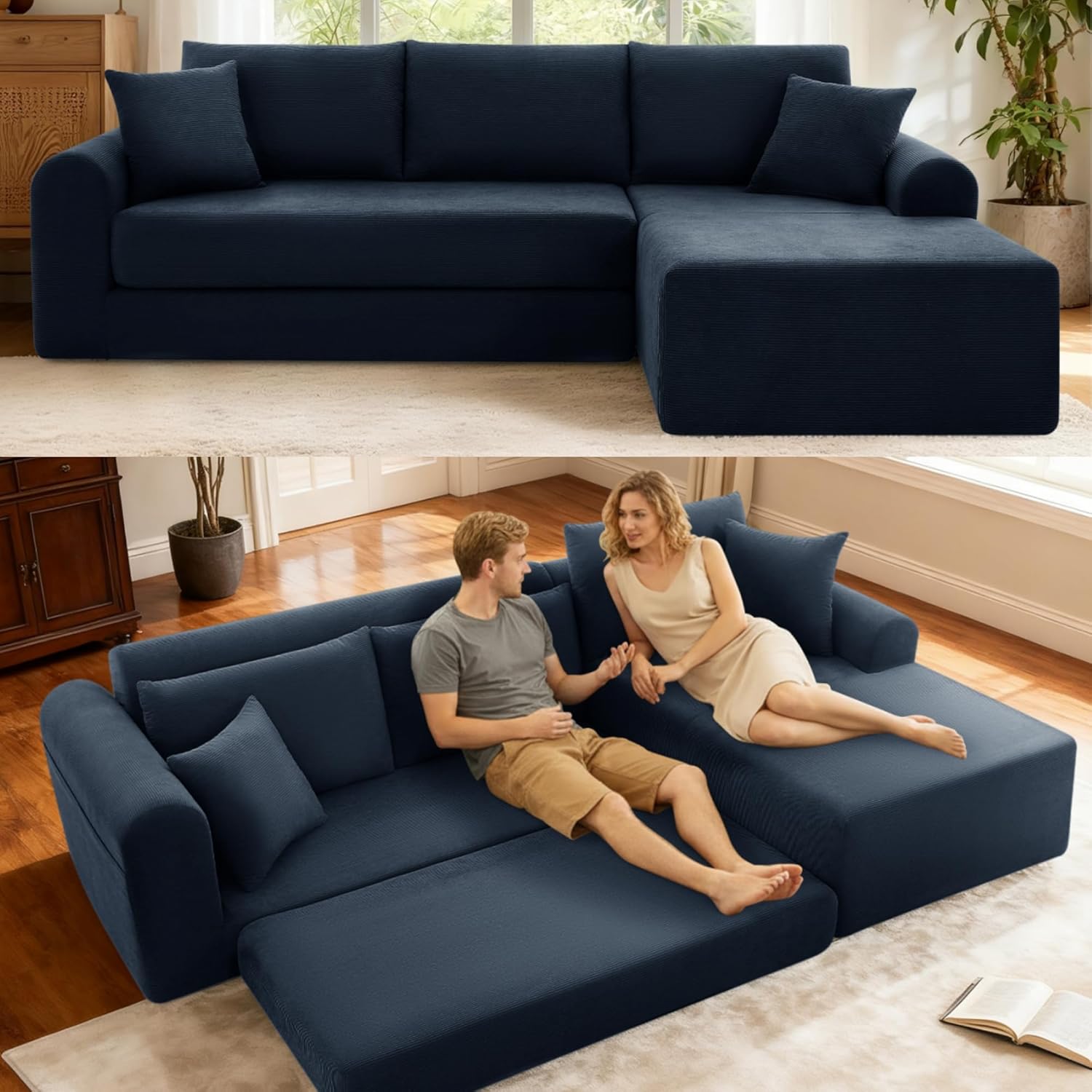 103 inch Cloud Sectional Couch, Modular Sectional Sofa with Deep Seat,Folding L-Shape Sofa Bed,Corduroy Boneless Couch Bed for Living Room,No Assembly Required,(Navy Blue,Right Facing Chaise)