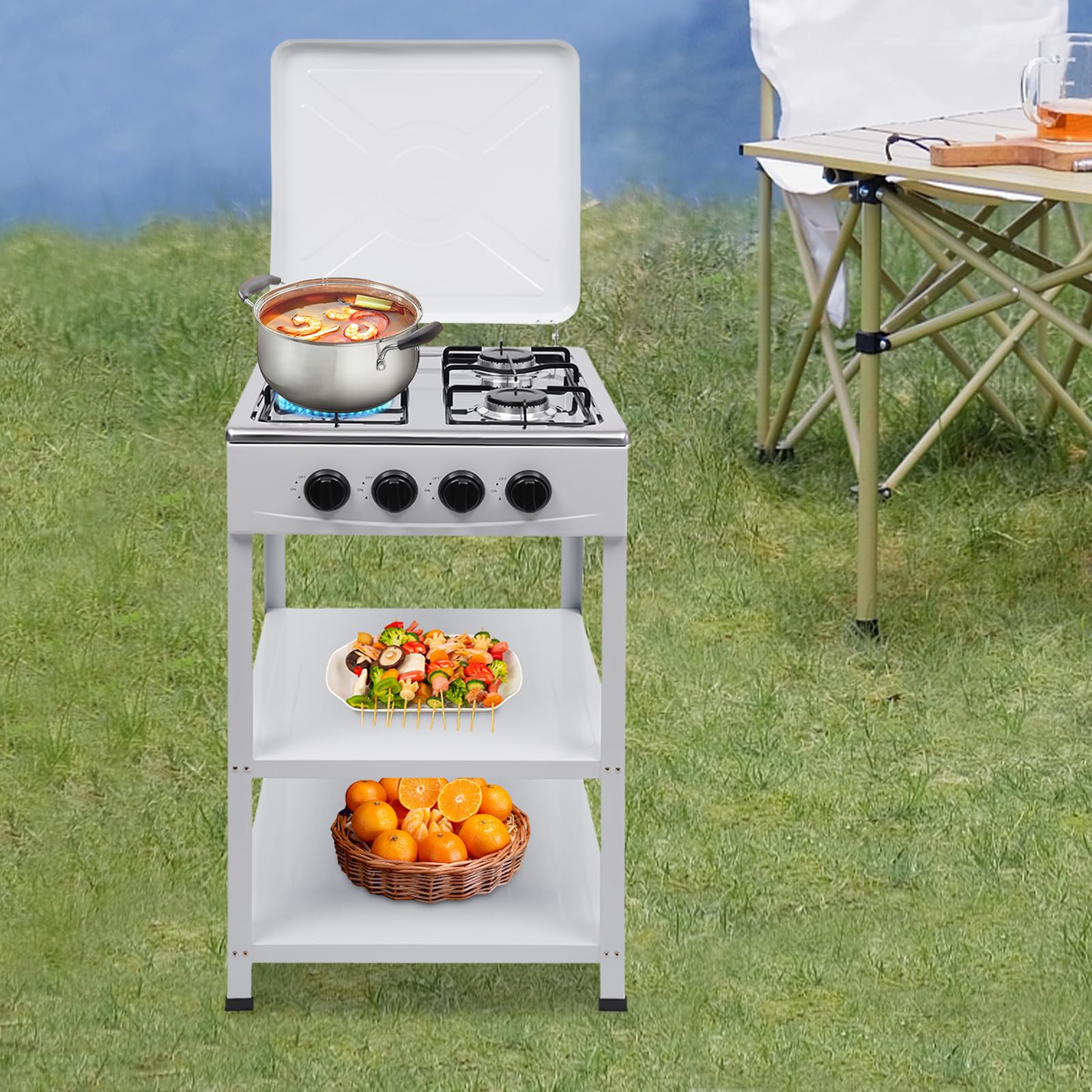 Cocina de gas con 4 quemadores, mesa de cocina de gas independiente blanca con encendido manual y tapa cortavientos, estufa de gas portátil para camping, jardín, cocina supletoria y uso al aire libre