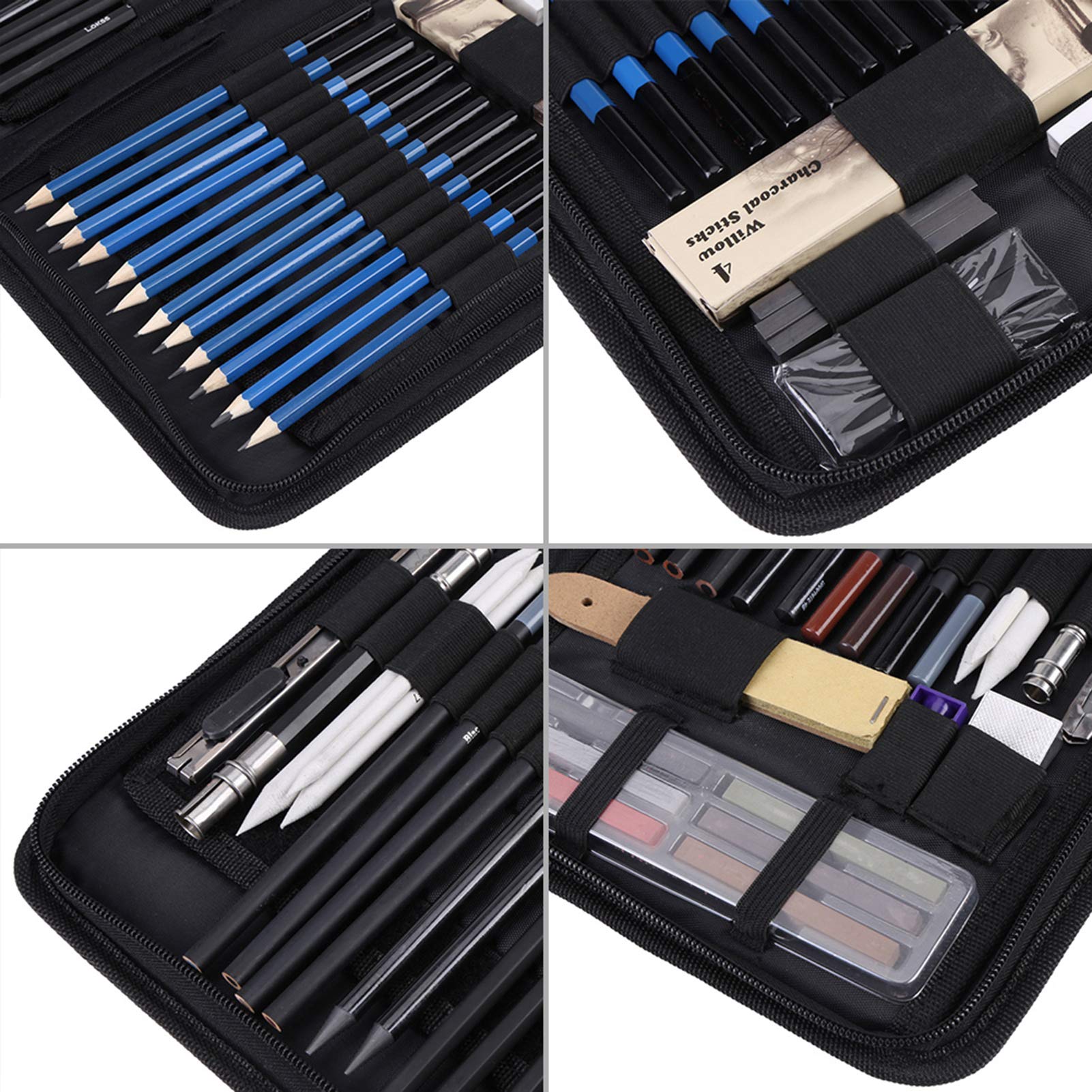 Skizzenstift, 48-teiliges professionelles Skizzierstift-Set, Tragetasche, Kunstmalwerkzeug-Set, Student, Schwarz