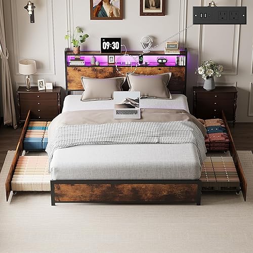 Vista 10 de VINGLI Base de cama LED Queen con 4 cajones de almacenamiento y estante de cabecera ajustable, plataforma de metal con estación de carga para niños