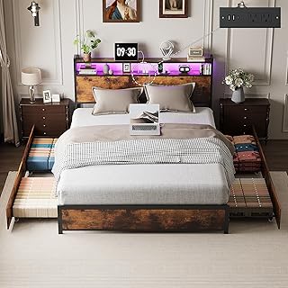 VINGLI Queen Bed Frame with 4 Storage Drawers and Headboard, Metal Platf...