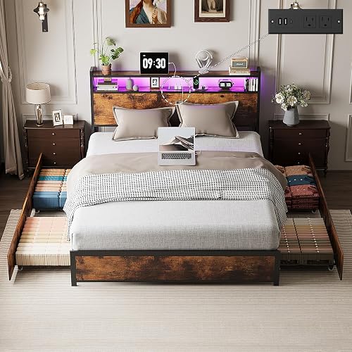 VINGLI Full Platform with 4 Storage Drawers and Headboard, Metal