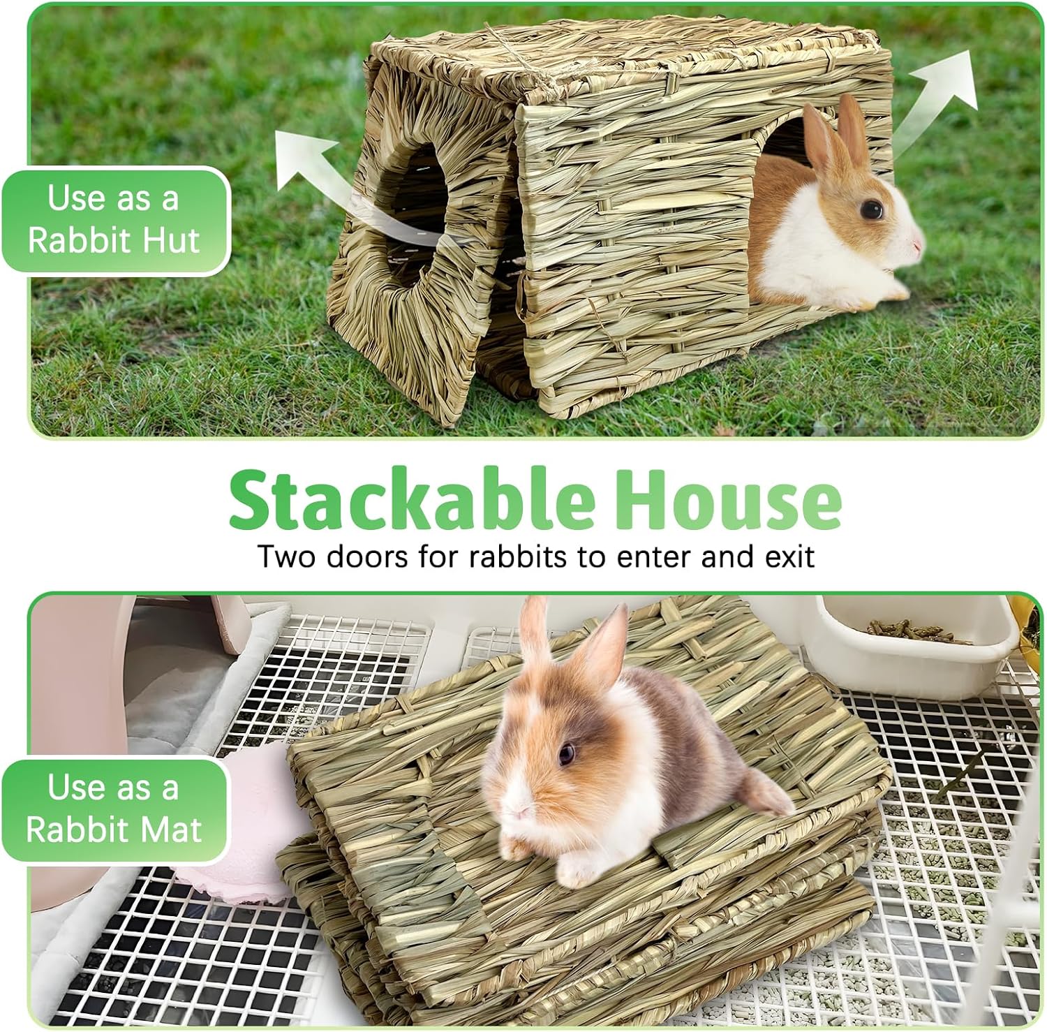 Tfwadmx 2 Pack Rabbit Grass House - Natural Hand Woven Seagrass Play Hay Bed, Collapsible Hideaway Hut Toy for Bunny Hamster Guinea Pig Chinchilla Ferret