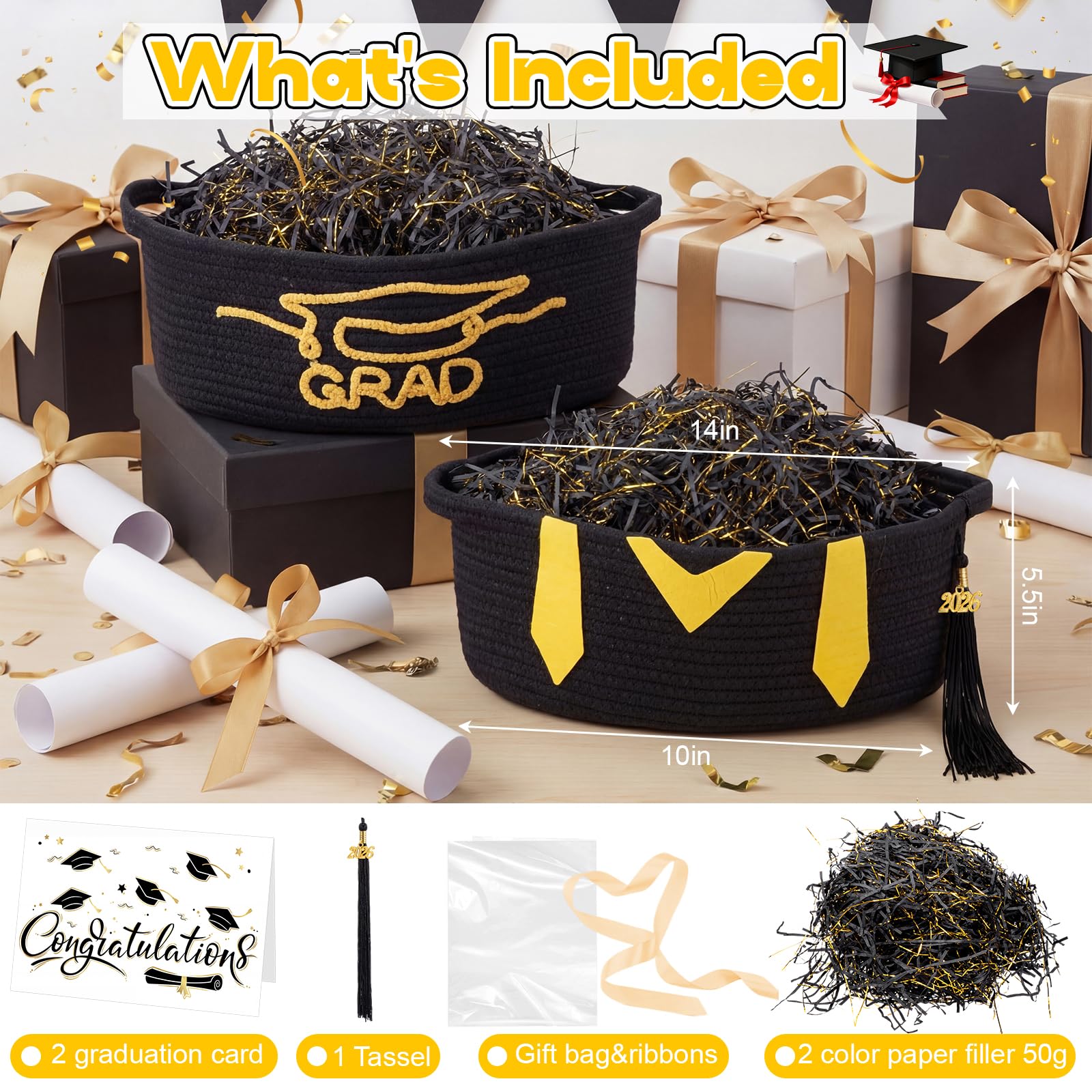 Colingmill 2 Pack 2026 Graduation Empty Gift Basket 14''x10''x5.5'' Woven Rope Basket Empty to Fill with Bag, Ribbon, Card, Tassel, DIY Congrat Gift for Class of 2026 Nurses Week