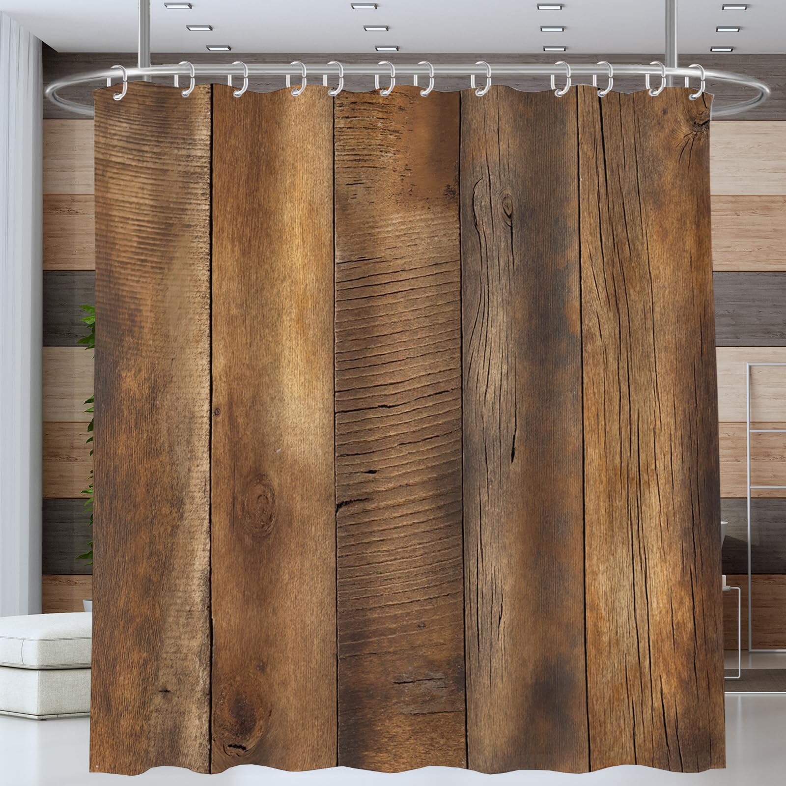 Rideau De Douche Grain De Bois Nature Rurale Tissu Imperméable Lavable avec Crochets Anti Moisissure en Polyester Rideau Douche pour Salle De Bain