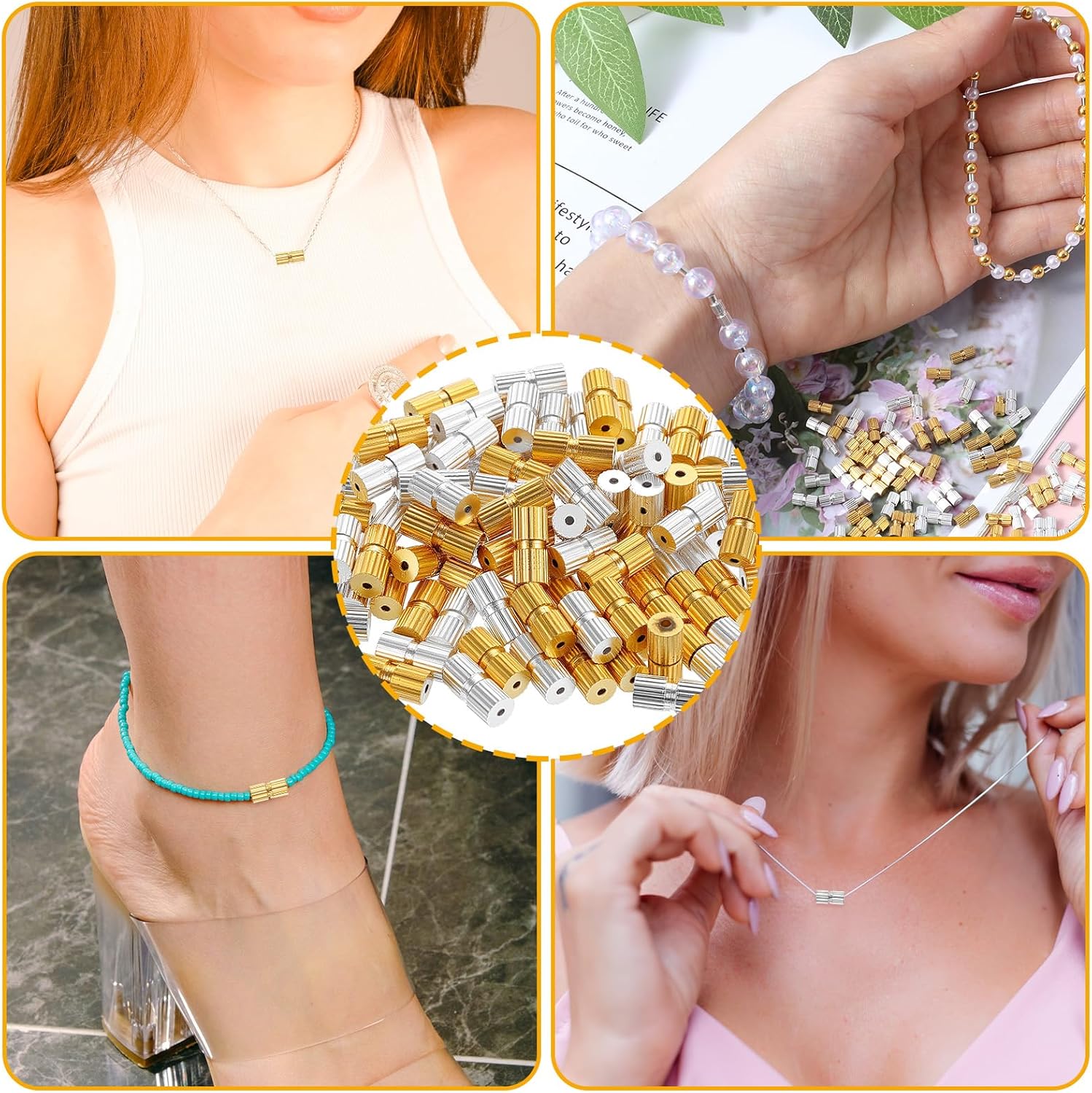 100 Pcs Barrel Screw Clasps Jewelry End Tip Caps Brass Barrel Tube Fastener Cord End Caps Waist Beads Craft Supplies for Christmas DIY Bead Necklace Bracelet Earring Jewelry Making - Image 7