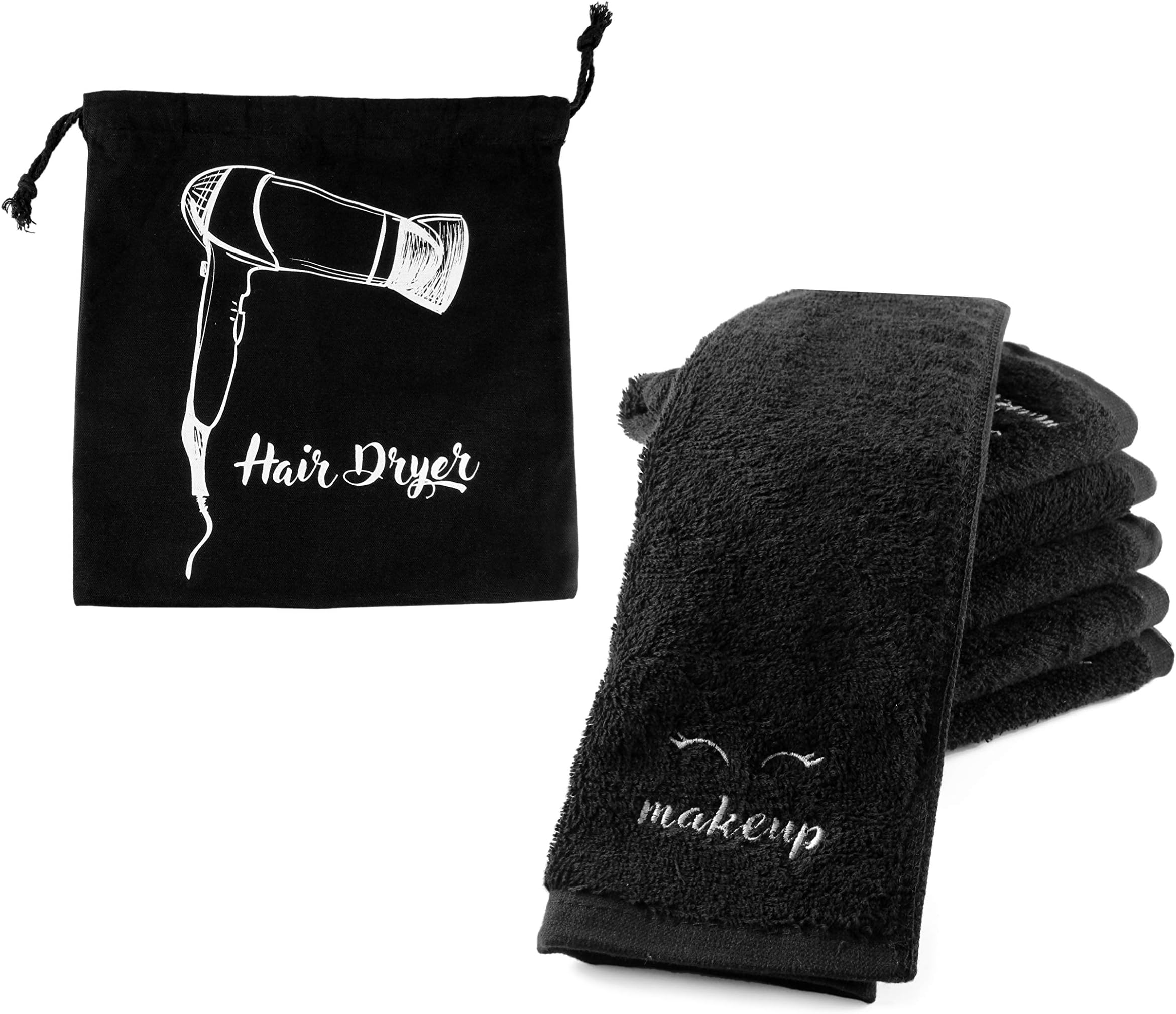 Black Makeup Washcloths (6-Pack); Make-up Remover Face Towels + Bonus Hairdryer Bag (7-Piece Set)