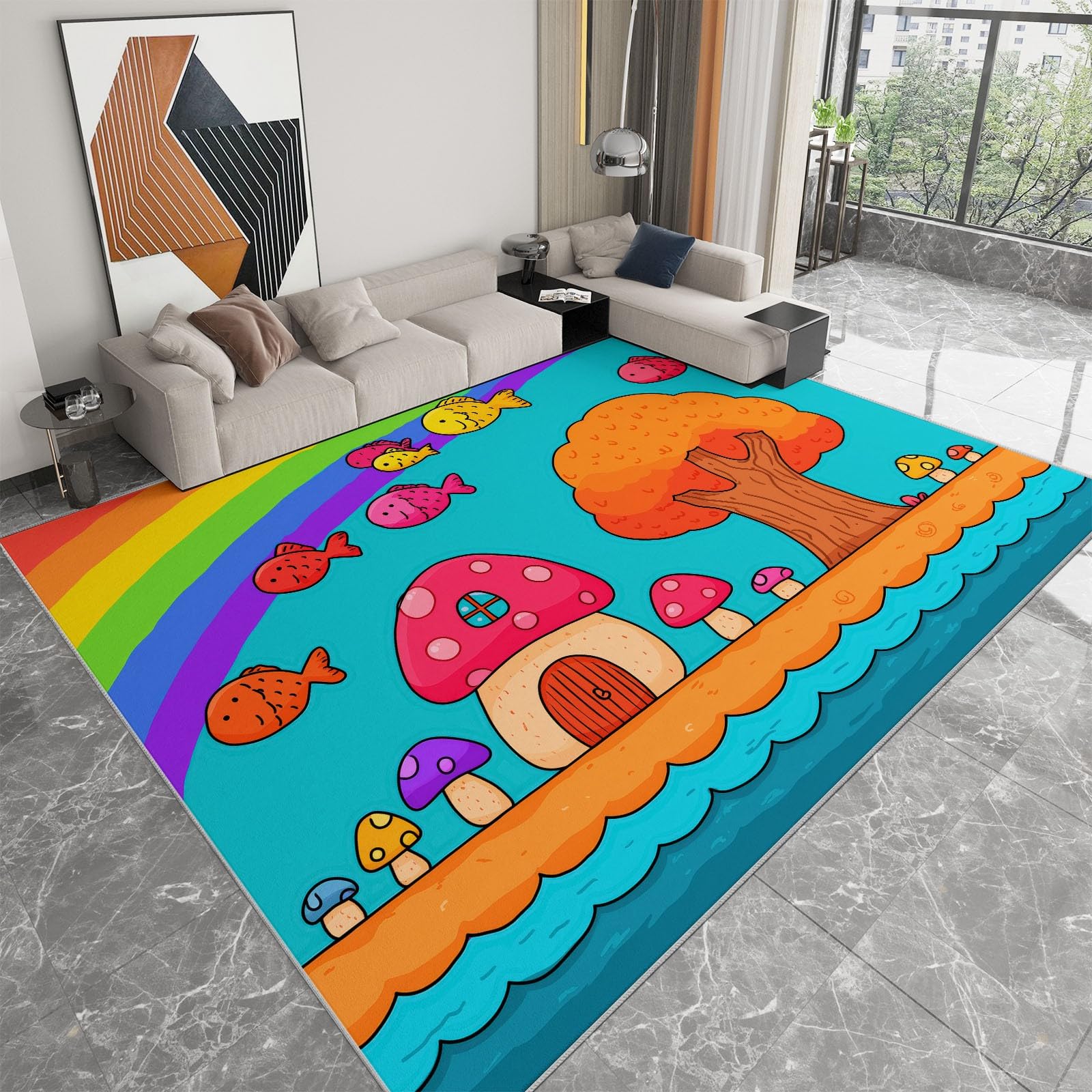 Uroczy grzyb, dom, tęcza, ryba, zmywalny dywanik, 180 x 240 cm, dywan z krótkim włosiem, kreskówkowy dywanik do salonu, miękka mata dywanowa, wystarczająco trwała, składana, do sypialni i jadalni