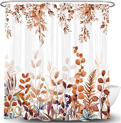 Miniatura 3 de Cortina de ducha floral de otoño, bonitas cortinas de ducha de tela de cosecha de flores de otoño con hojas rojas y doradas, juego de cortinas de