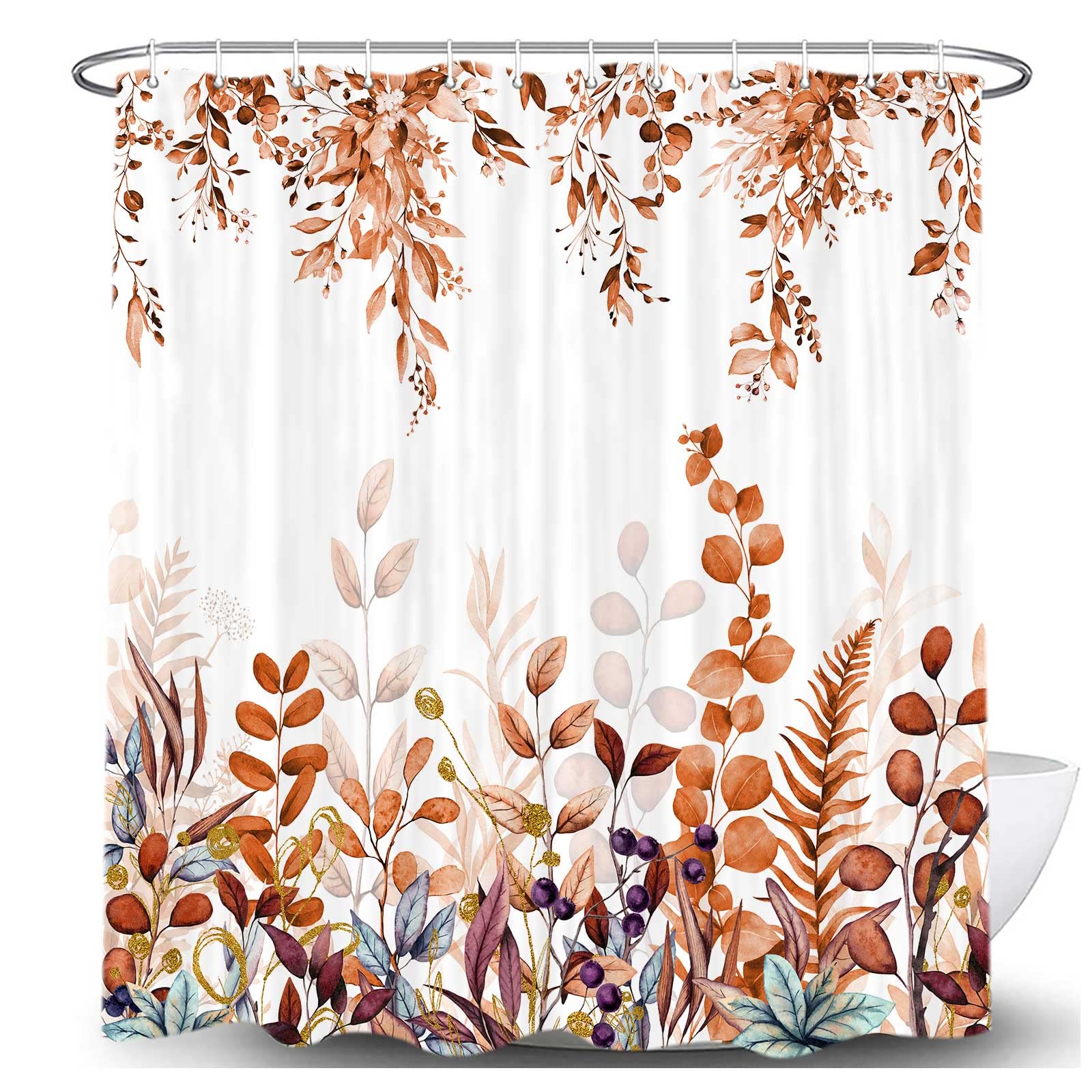 Shower Curtain Brown Pastoral Flower Bathroom Curtains with Hooks, Waterproof Fabric Farmhouse Floral Bath Shower Curtains Set for Bathroom Bathtubs Decor 36x72 Inch