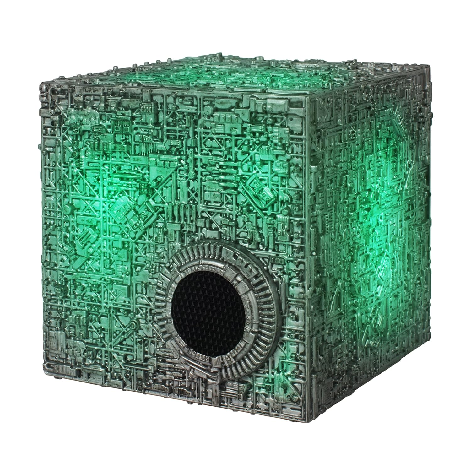 Star Trek Borg Cube Bluetooth Speaker with Green Illumination Sound Effects Borg Quotes Memorabilia Gifts Gadgets Collectibles for