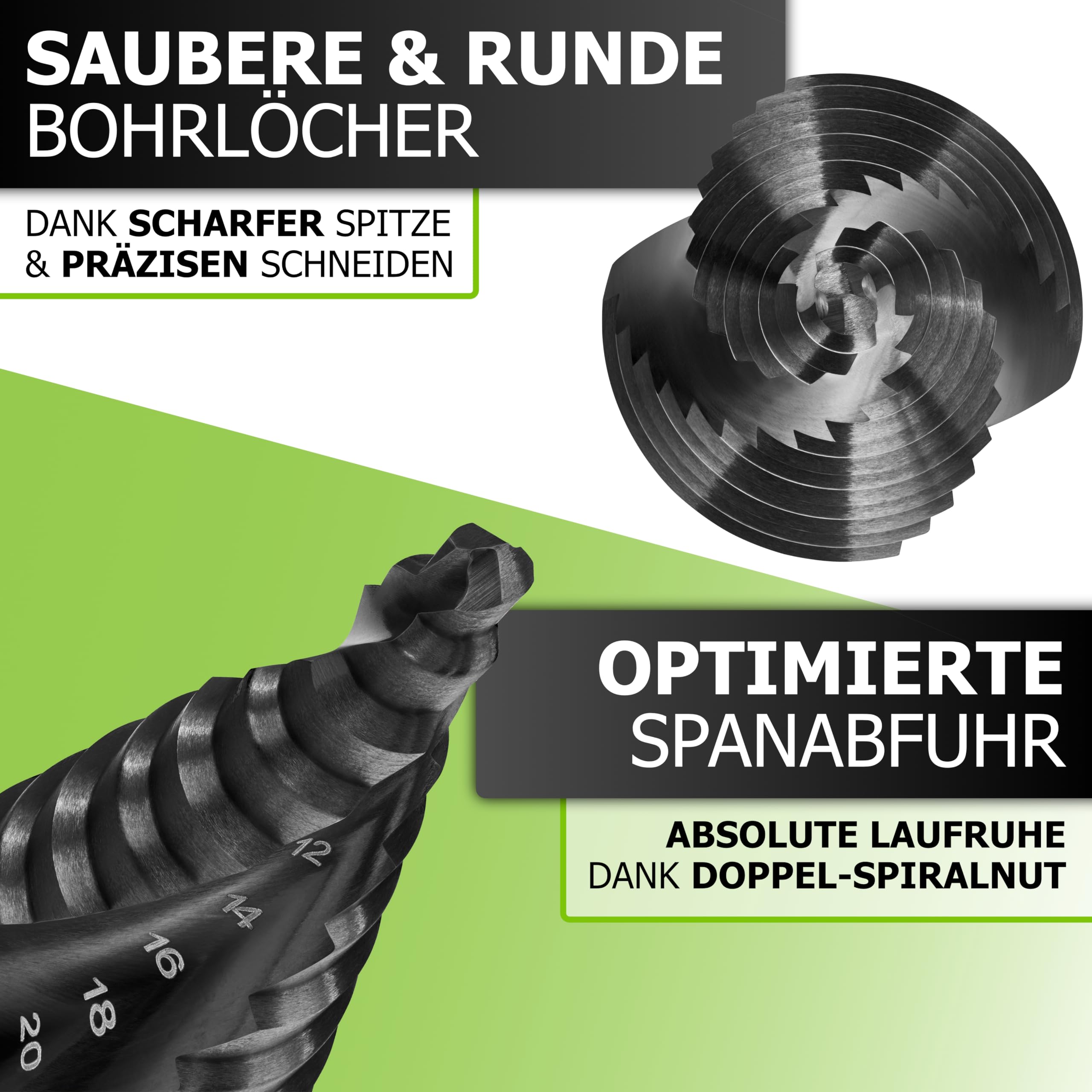 Pinava® Stufenbohrer HSS Cobalt Pro TiAIN [Extra Langlebig & Hitzebeständig] - Profi Kegelbohrer für Edelstahl, Metall, Holz, Kunststoff - Blech-Schälbohrer Extrem Scharf Ø4-32mm Edelstahlbohrer