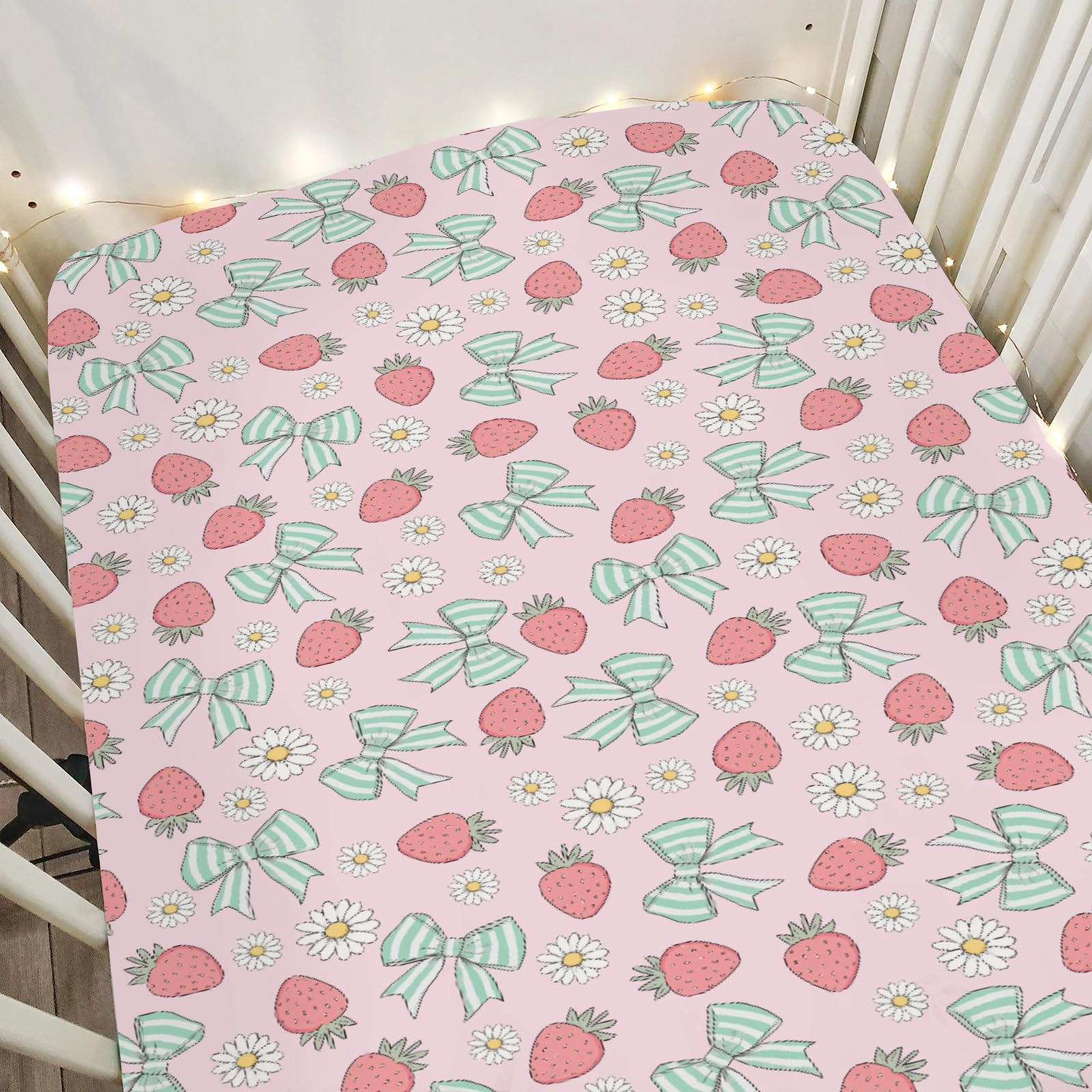 Pink Strawberry Green Bows Daisy Baby Crib Sheets for Boy Girl 52x28Inch Strawberries Bows Soft Stretchy Fitted Crib Mattress Covers Cute Summer Fruit Baby Sheet for Standard Crib & Toddler Mattress
