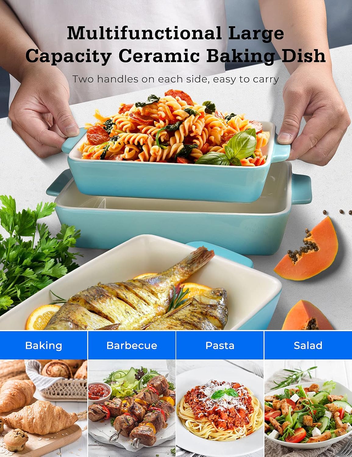 3Piece Casserole Dish Ceramic Baking Dish Rectangular Baking Dishes for Oven Ceramic Bakeware with Handles Durable Nonstick Large Lasagna Pan for Cooking, Cake Dinner, and Daily use, Gradient SkyBlue: Home & Kitchen