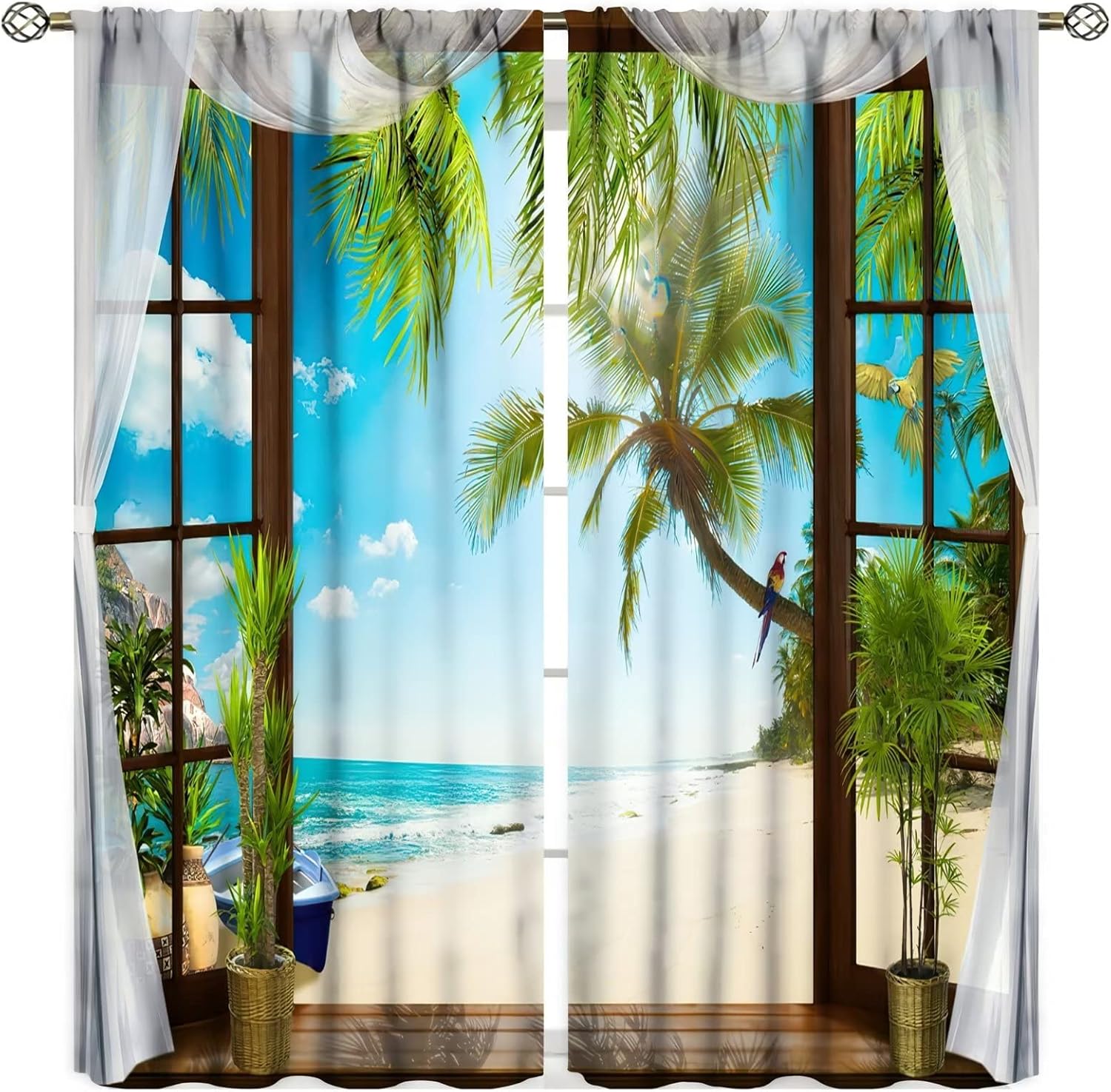 Seaside Window Curtains Palms Tropical Island Summer Beach Style Blackout Rod Pocket Window Drapes 2 Panel Set for Living Room Bedroom Kitchen Hotels Decor W42xL63in