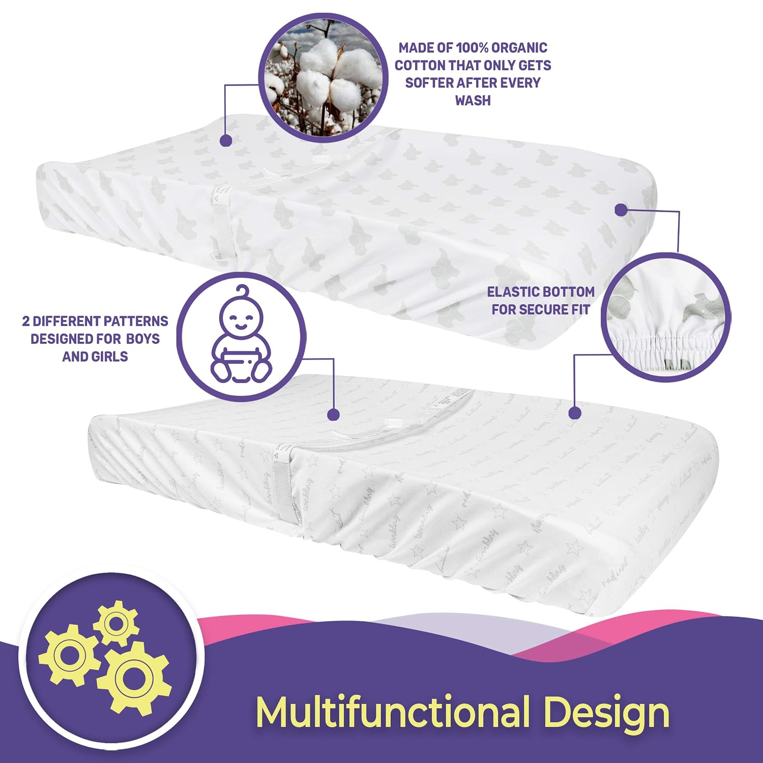 Budding Sprout Organic Cotton Ultra Soft Hypoallergenic Changing Pad Covers (2-Pack) Fits Standard Size Pads 16” x 32” Comes with Two Unisex Design