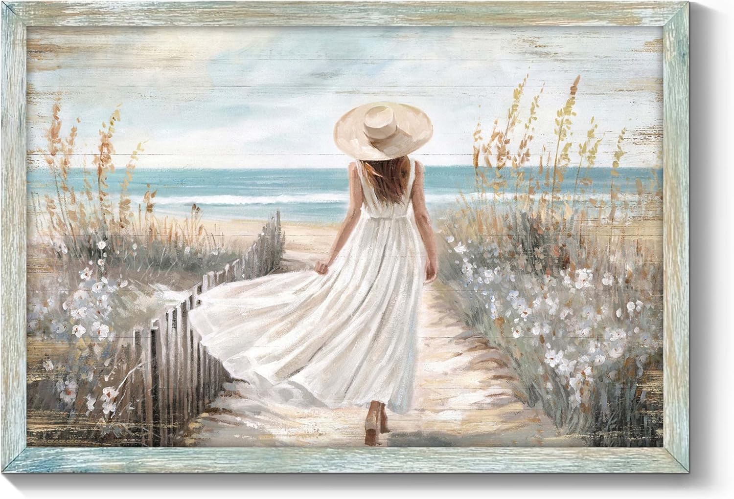 Framed Coastal Wall Art - White Dress Lady on Beach Path with Ocean Views for Living Room Bedroom Office - 24"x16"