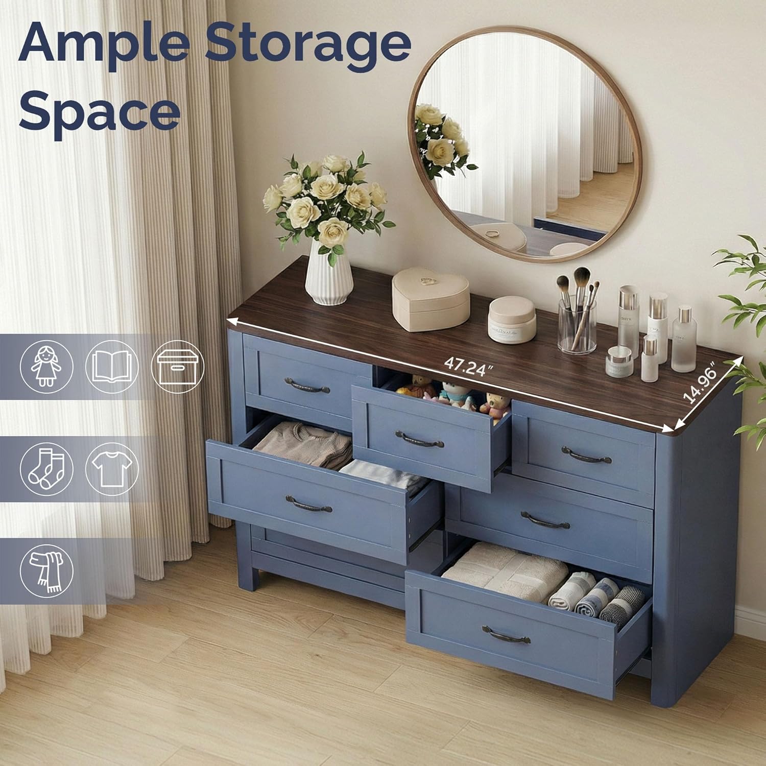 Farmhouse 7 Drawer Dresser for Bedroom, 47" Wide Modern Chest of Drawers with Metal Handle, Wooden Storage Dressers Organizer for Bedroom, Living Room, Hallway - Navy Blue