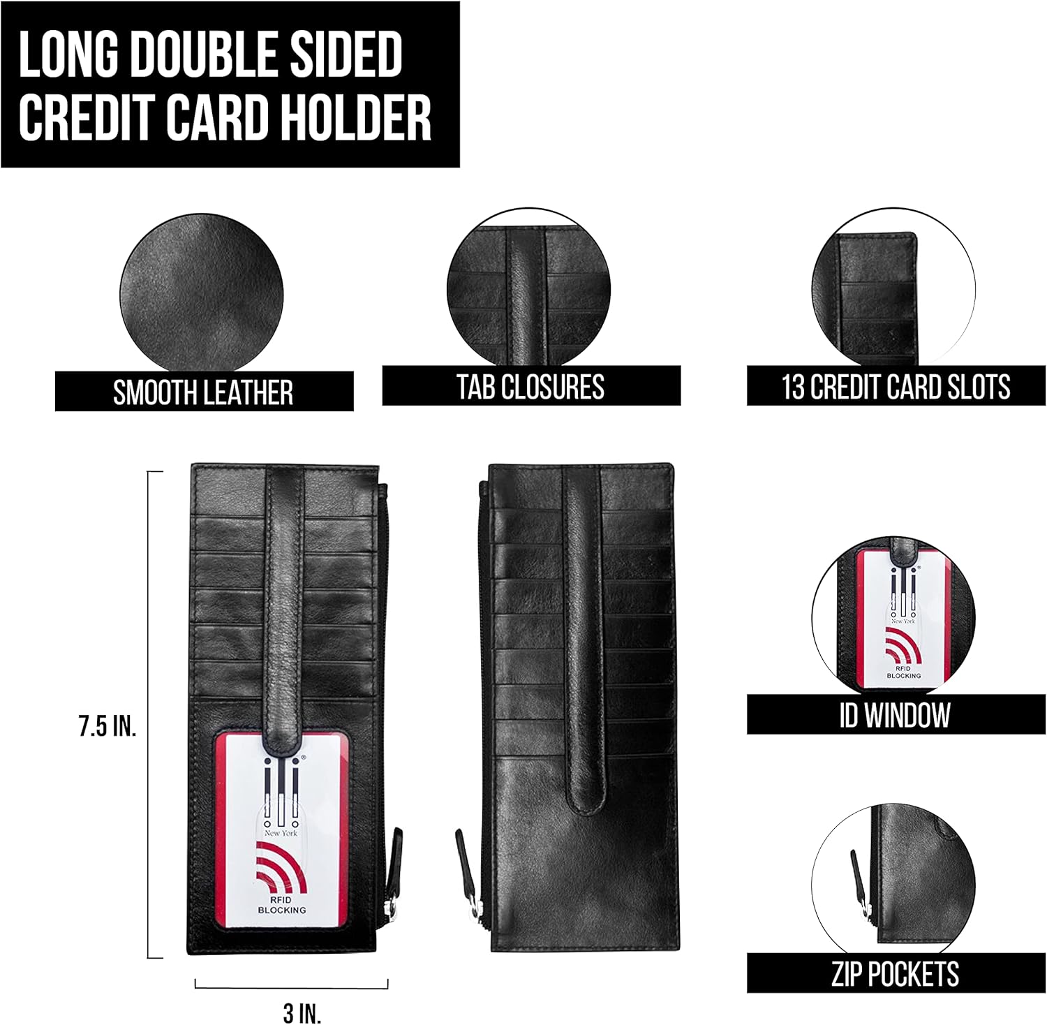 ili New York Long Double Sided Slim Wallet, RFID Blocking Card Holder with ID Window and Side Zip Pocket for Men and Women, Black - Image 2