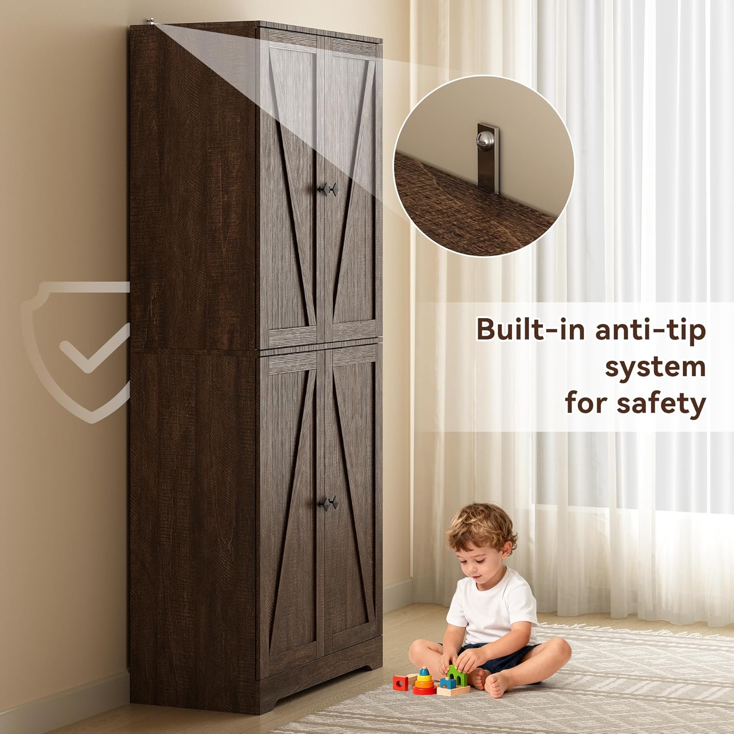 Kitchen Pantry Cabinet, 72” Tall Farmhouse Storage Cabinet with 4 Barn Doors and Adjustable Shelves, Pantry Storage for Kitchen, Living Room, Brown