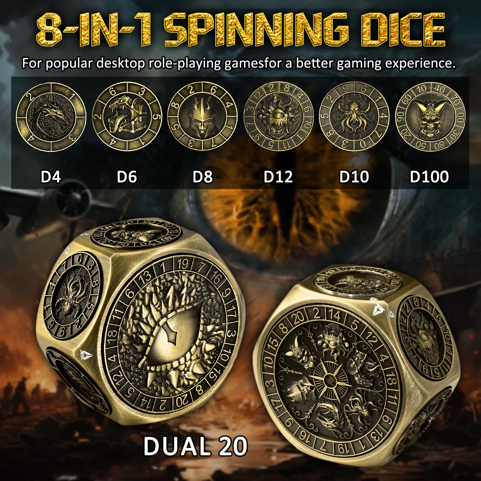 ZHOORQI 8-in-1 DND Würfel Set, Metall-Spinner-Würfel mit Zwei D20, 3D-Monster und leichtgängigem Drehmechanismus – Ideal für Rollenspiele, D and D(Dungeons and Dragons) Dice Geschenk(Black Bronze)