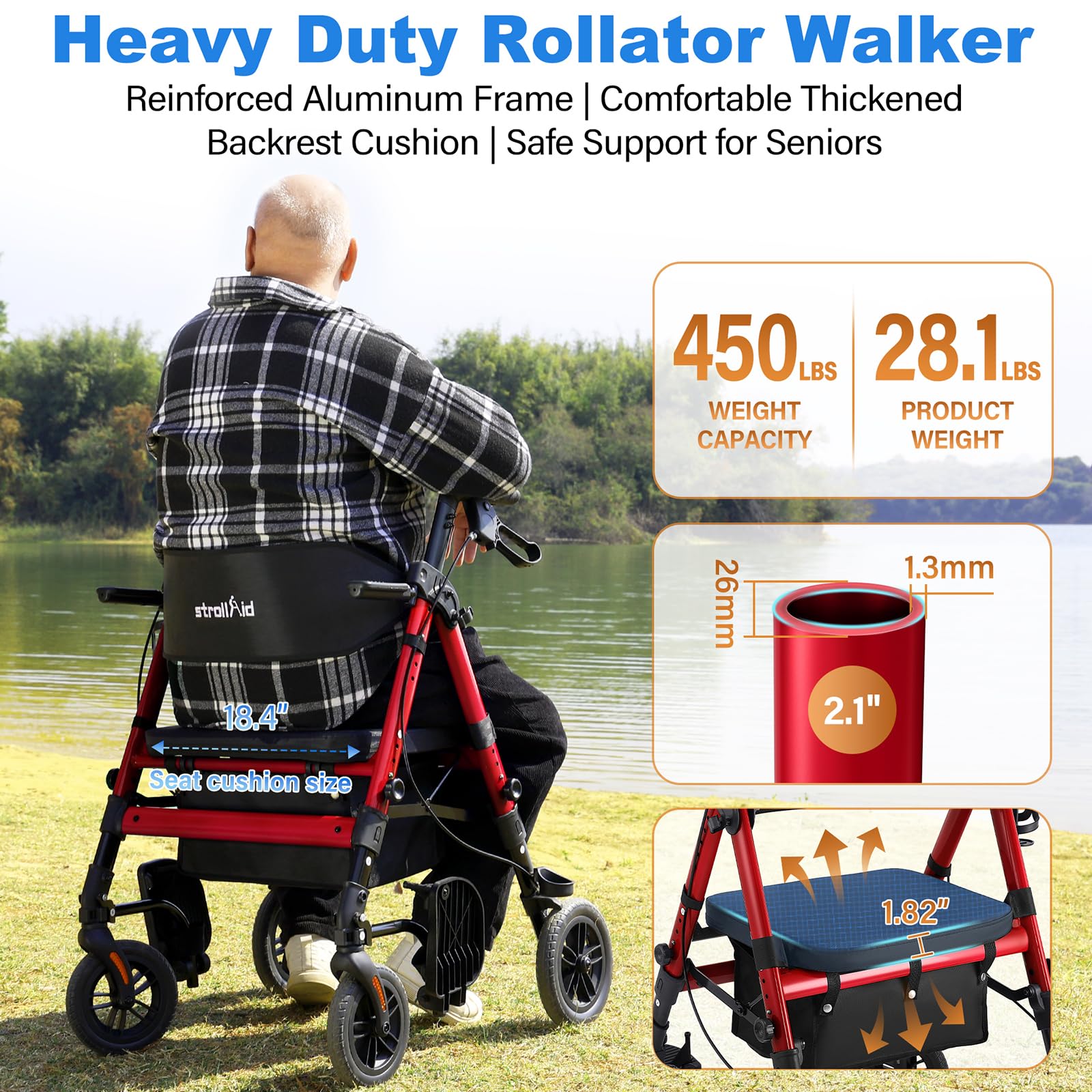 Heavy Duty Walkers for Seniors 2 in 1 Rollator Wheelchair Combo | 450 lb Capacity 10 All-Terrain Wheels Adjustable Seat & Handle Foldable Transport Chair with Seat Red product thumbnail 3