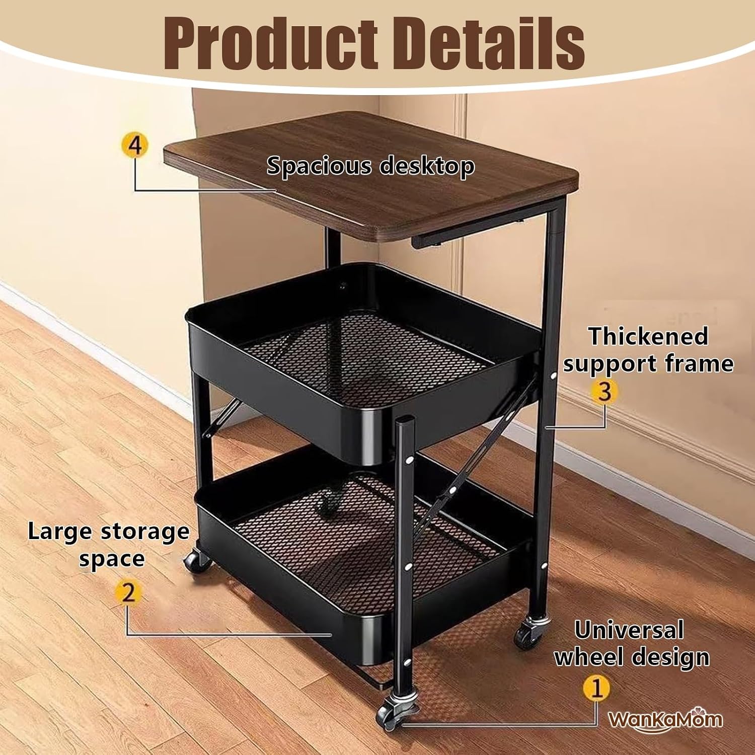 Industrial Movable Side Table, 3-Tier Rolling Storage Organizer, Foldable Flat Storable Shelf for Kitchen Balcony Small Spaces