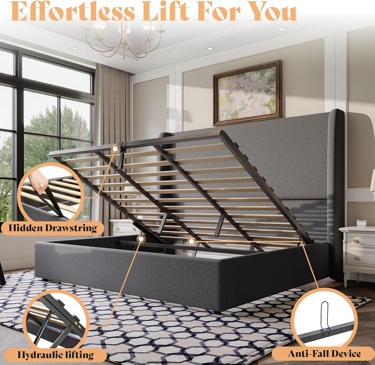 Close-up of the AMERLIFE bed frame's hydraulic lifting system, hidden drawstring, and anti-fall safety device.