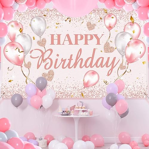 Miniatura 4 de Tatuo Decoración de fiesta de cumpleaños rosa y oro rosa, suministros de decoración de fiesta de cumpleaños para mujeres, pancarta con purpurina