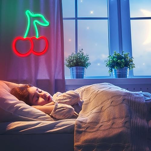 Miniatura 4 de ENUOLI Letrero de Luz de Cereza Decorativo de Arte de Neón, Letreros de Neón de Noche de Cereza, Lámparas de Luz LED, Letreros de Neón Alimentados