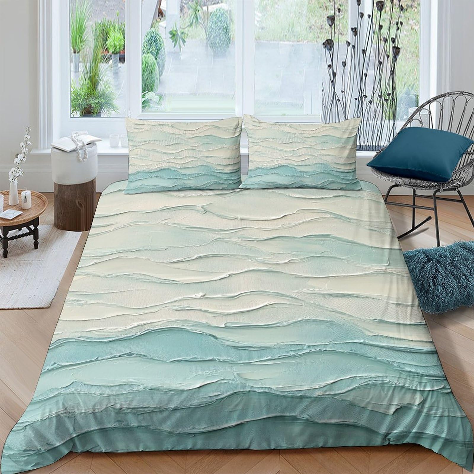 Ctjqhvkz Style-1 3D Printed Ocean Waves Fitted Sheet Microfiber Soft Blue Green Sand Mattress Cover Bedroom Decor Easy Care Single（135X200cm）