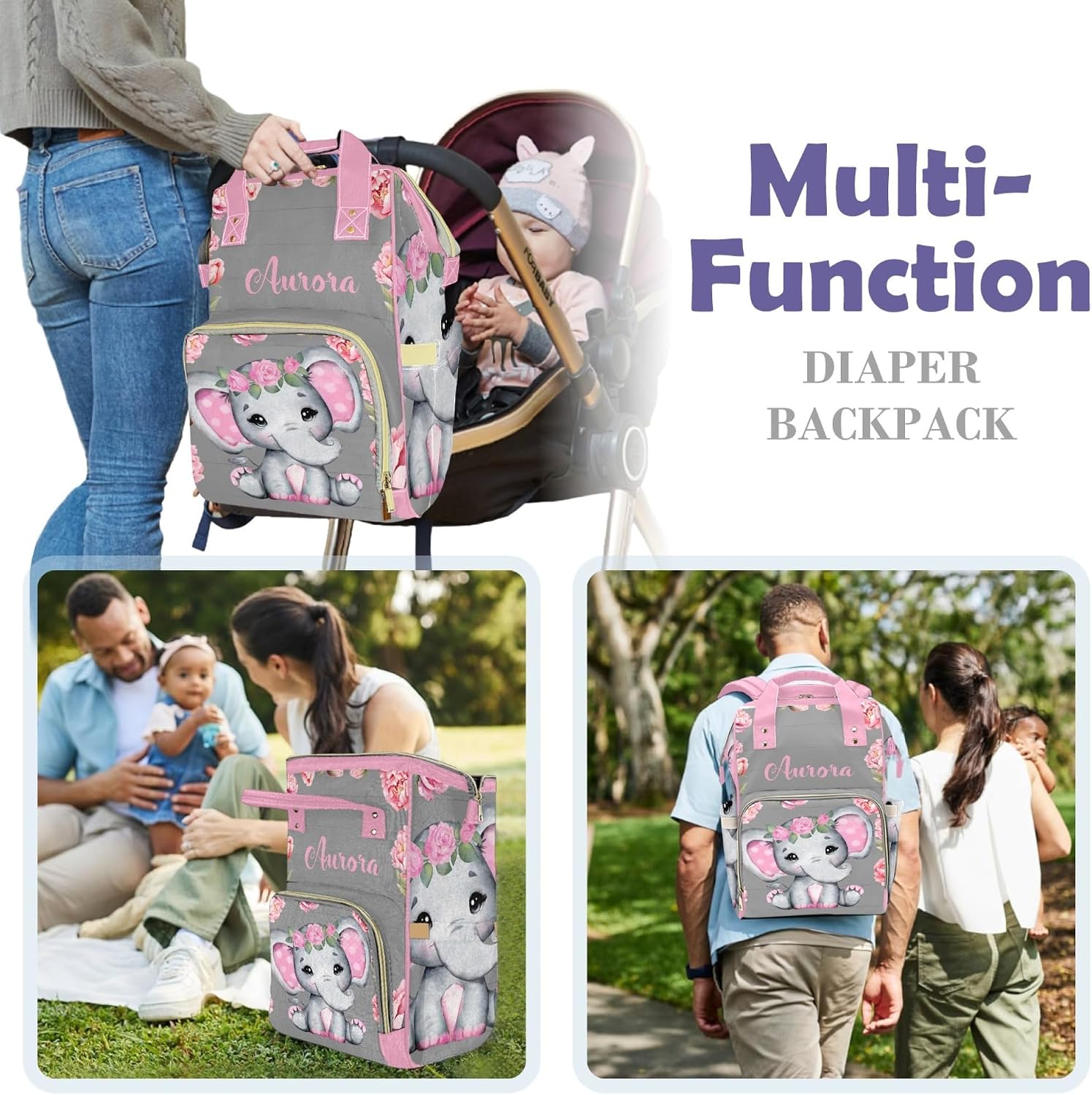 Personalized Diaper Bag Backpack for Baby Girls with Name, Pink Floral Elephant Custom Nappy Nursing Bag for Moms Dads, Nylon, Customized Gift, Large Capacity, Waterproof, Multifunctional