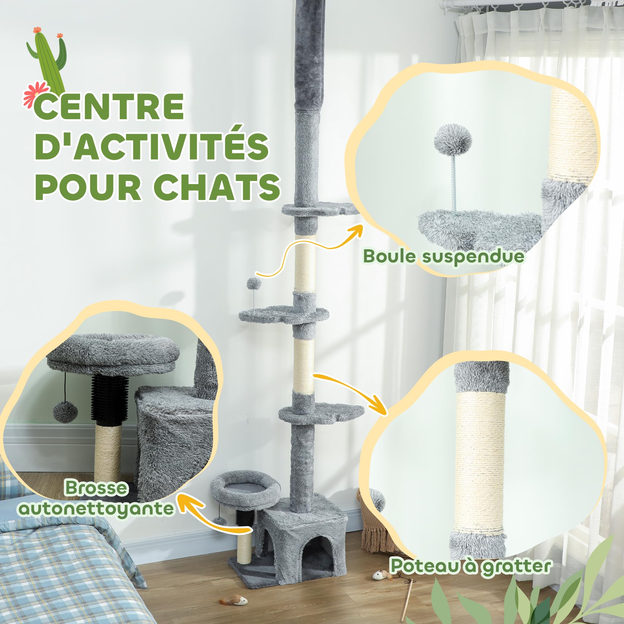 PawHut Albero per gatti da terra a soffitto, torre per gatti multilivello regolabile in altezza da 225 a 255 cm, con tiragraffi in sisal, cuccia, letto e palla sospesa, rivestimento in peluche, grigio