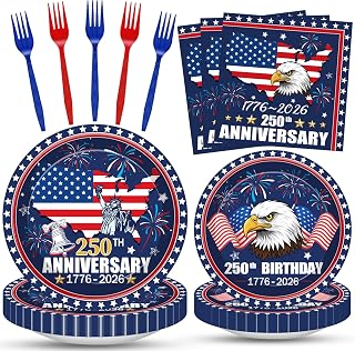 100Pcs USA 250th Anniversary Tableware Set Party Supplies Serves 25 – Patriotic Disposable Cardboard Plates, Paper Napkins & Plastic Forks | 1776-2026 America's 250th Birthday 4th of July Decorations