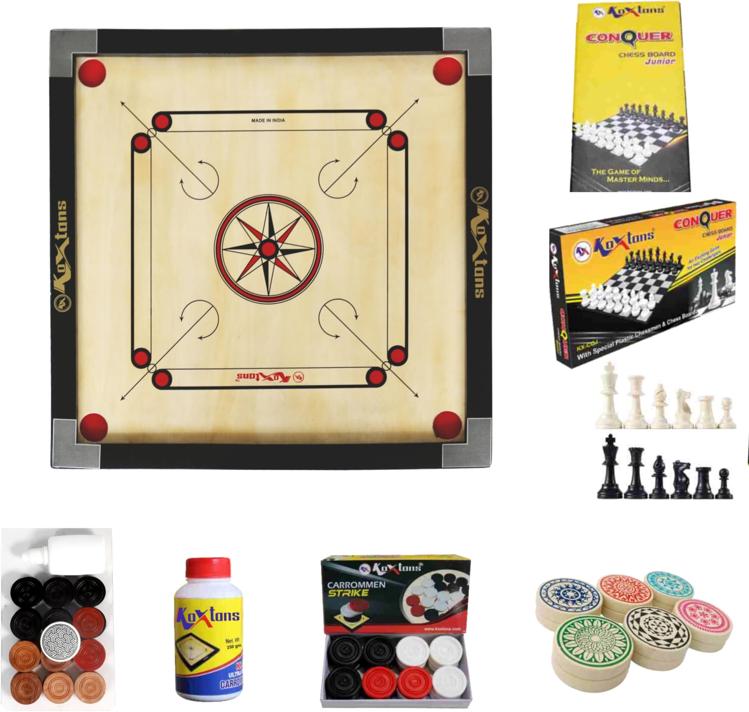 Carrom Board 28 INCH Medium Size with 1.5" Border & 3 mm Ply (Economy) with STRICKER & Accessories and Vista 11 INCH Chess Conquer Gift Set