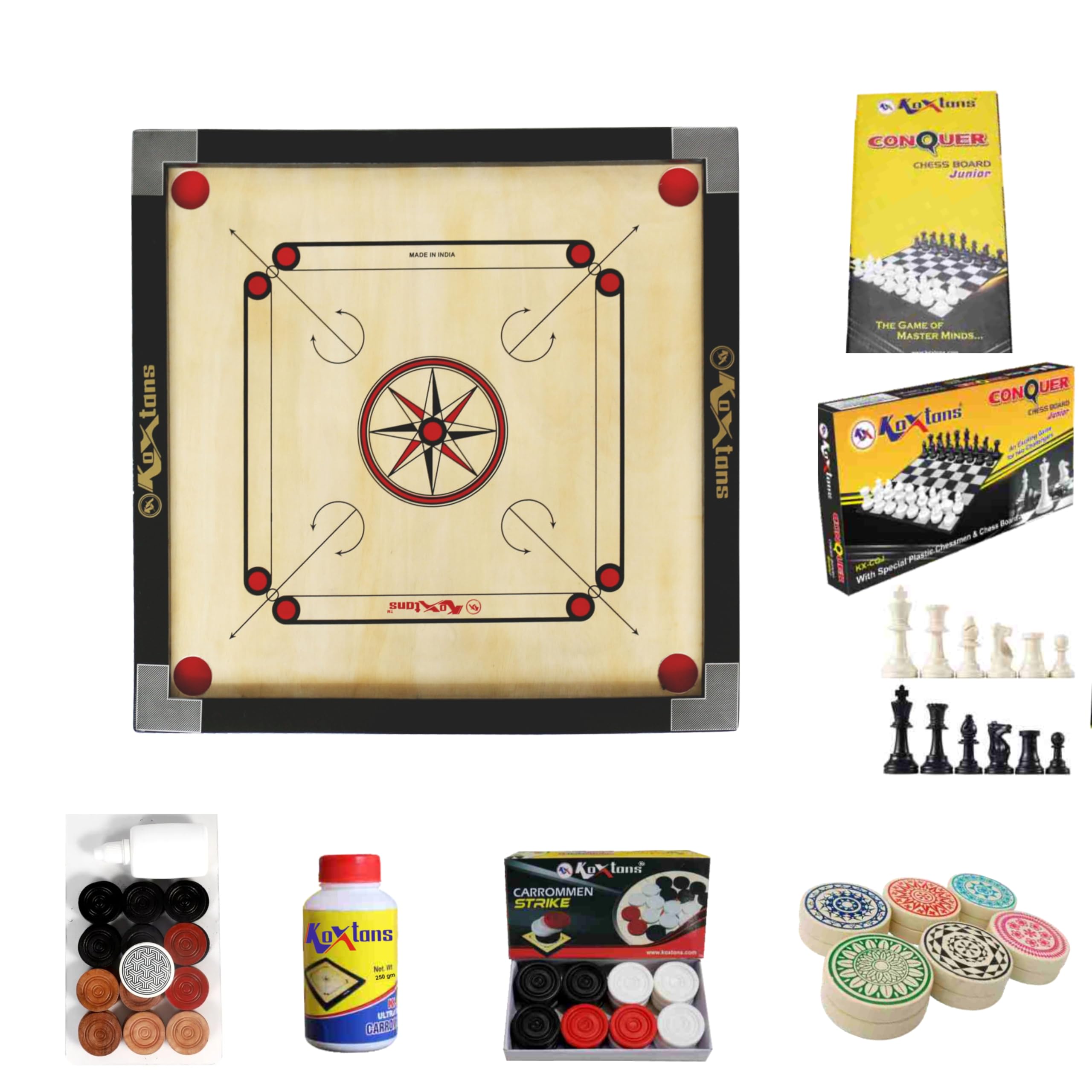 KOXTONS - Carrom Board 20 INCH Small Size with 1.5" Border & 3 mm Ply (Economy) with STRICKER & Accessories and Vista 14 INCH Chess Conquer Gift Set