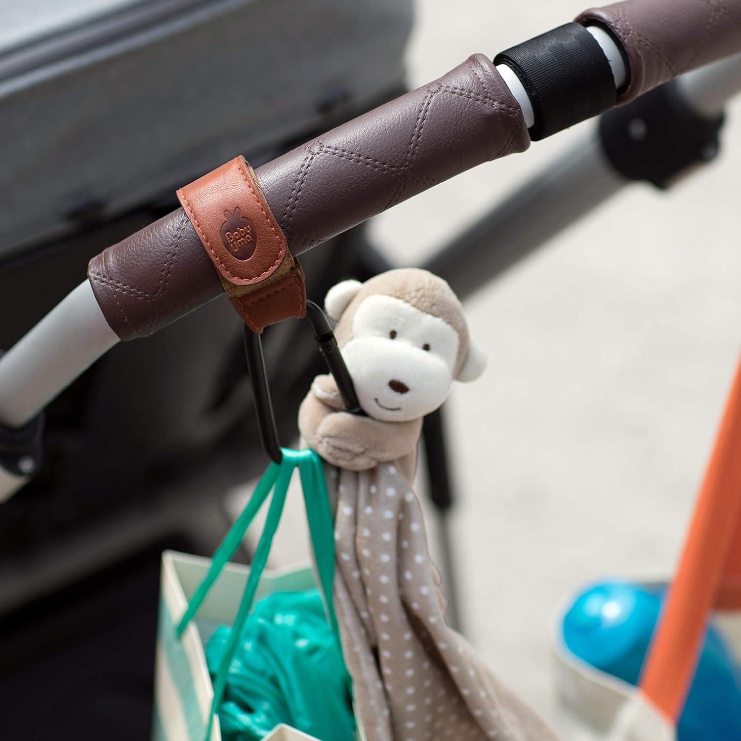 Brown Stroller Hooks by Baby Uma - Premium Leather Style Stroller Clip Straps : Baby