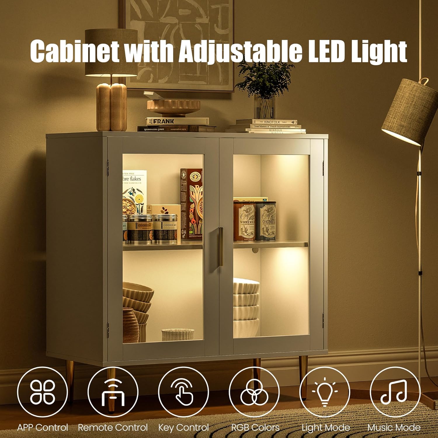 Buffet cabinet with doors open, revealing interior and LED remote control.