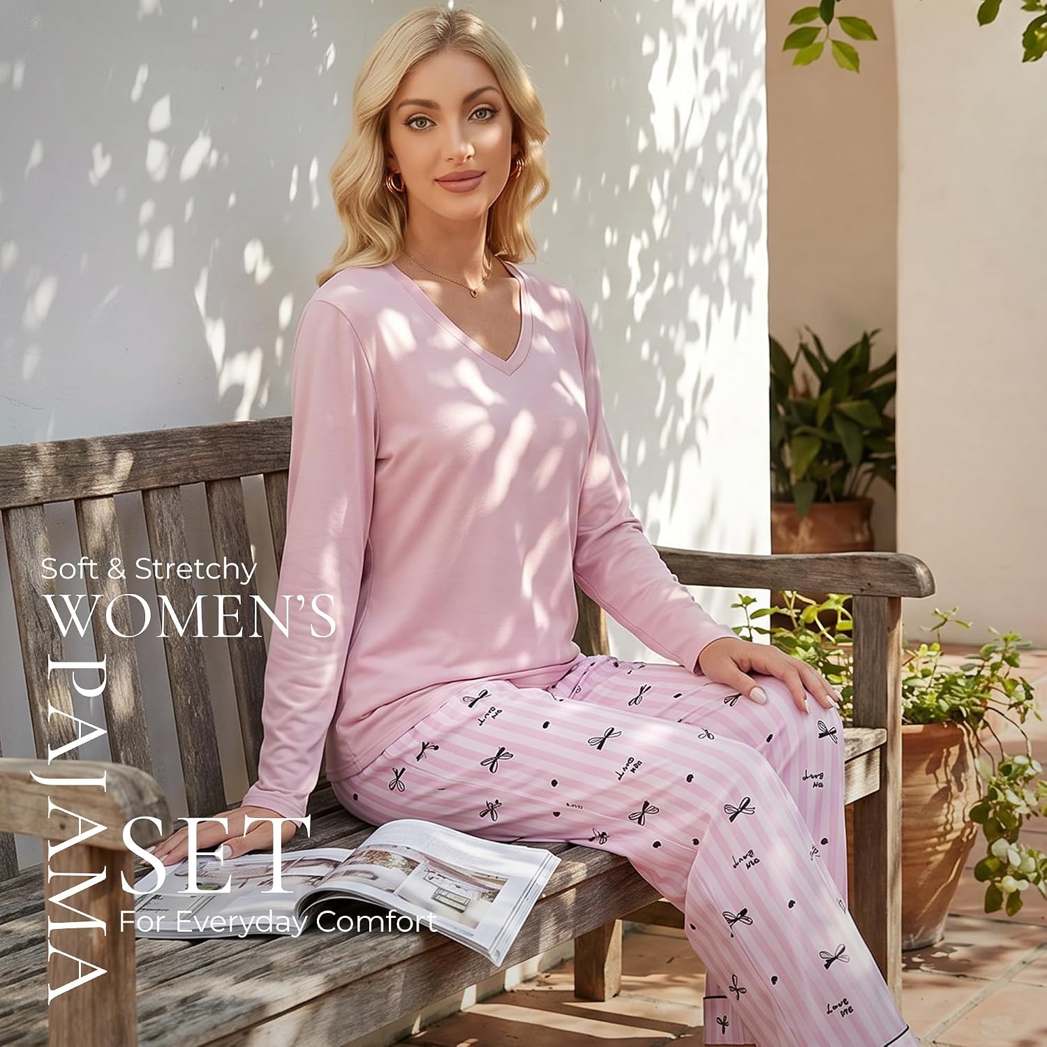 LYCY Women's Pajama Sets 2 Piece Long Sleeve V Neck Soft Sleepwear with Pockets Striped Bow Print Pjs Pants image 3