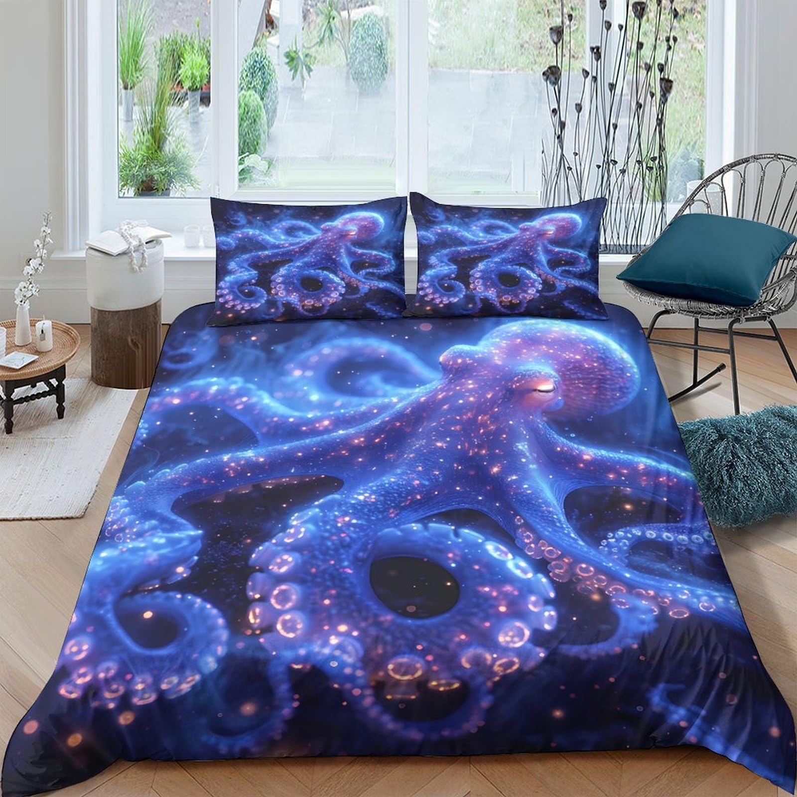 Ctjqhvkz Style-2 3D Printed Blue Octopus Fitted Sheet Microfiber Soft Anti-Slip Underwater Ocean Mattress Cover For Bedroom Decor Single（135X200cm）