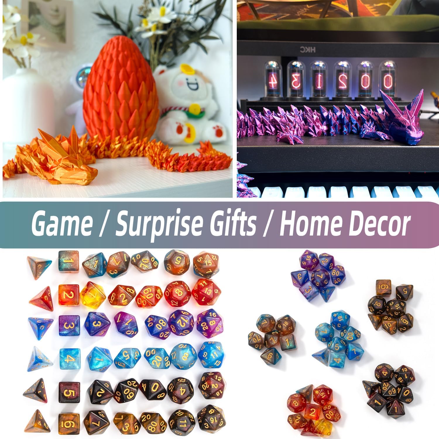 DND Dice Set 7PCS with 3D Printed Dragon Egg, Fidget Surprise Egg, Polyhedral Dice with Gift Box, Great Gift for Adults & Kids, Perfect for RPG DND MTG Table Games
