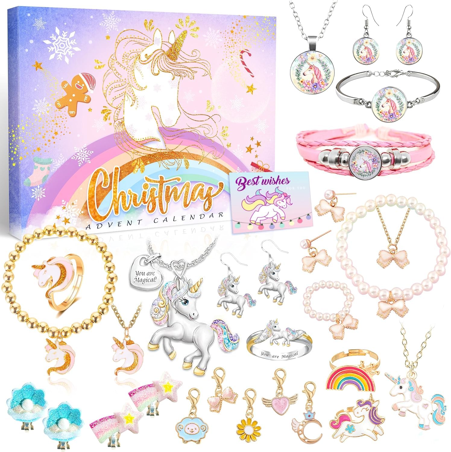 Kalolary 24 Jours Calendrier de l'Avent Fille Bijoux Calendrier de Noël Bijoux Bracelet Artisanat Filles Cadeaux Bracelet à Breloques Kit Cadeau de Noël Bracelets Kits For Filles (Or+argenté