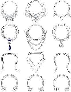 12Pcs 16G Septum Rings Surgical Steel Dangle Septum Piercing Jewelry for Women Septum Clicker Nose Rings Hoop CZ Horseshoe Cartilage Helix Tragus Daith Septum Piercing Jewelry 10MM